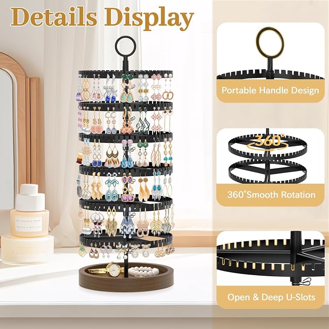 MODOWEY 6 Tier Rotating Earring Holder Organizer Display Tree with Wooden Tray, Adjustable Plastic Stand with 342 Slots for Stud Hoop Hanger, Large Capacity Storage Rack for Women Space Saving, Black