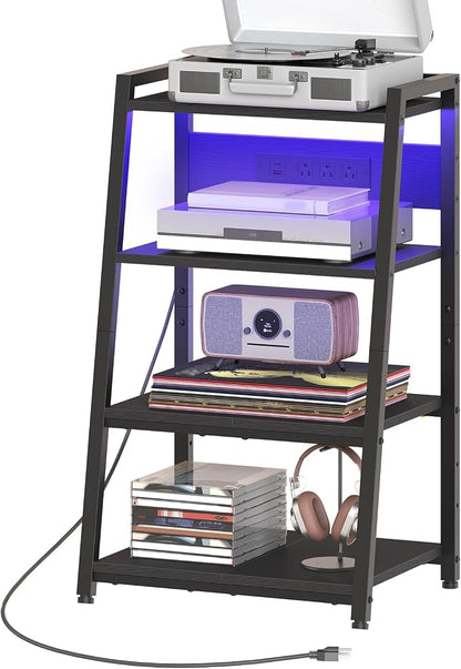 HOOBRO 4-Tier AV Media Stand with Charging Station and LED Light, Wooden Stereo Cabinet, Game Console Stand, Media Audio Tower Rack, Record Player, Small Entertainment Center, Black BB106UDCJ01