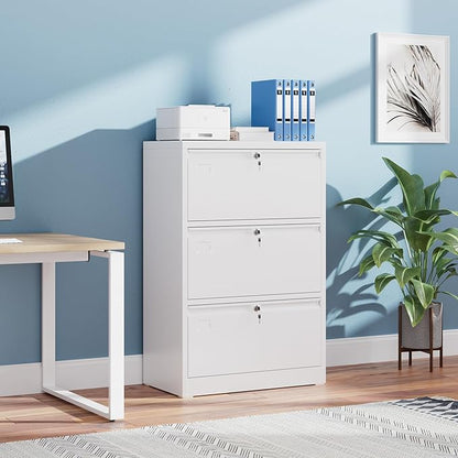 Lateral File Cabinet 3 Drawer,Metal Filing Cabinet with Locks and Business Card Slot for Home Office Hanging Letter/Legal Size Folders,Required Assembly,White