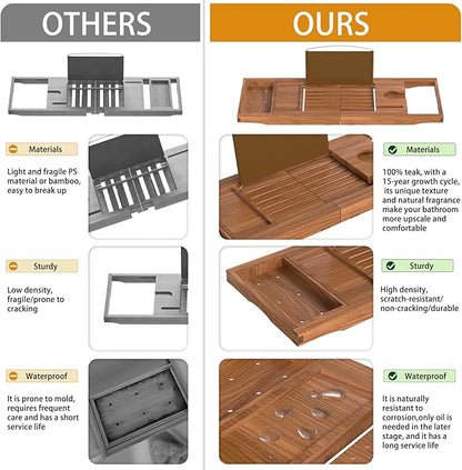 Teak Bathtub Caddy Tray for Tub, Foldable Luxury Bath Table Tray with Book and Wine Glass Holder, Expandable Bathroom Accessories for Spa or Reading