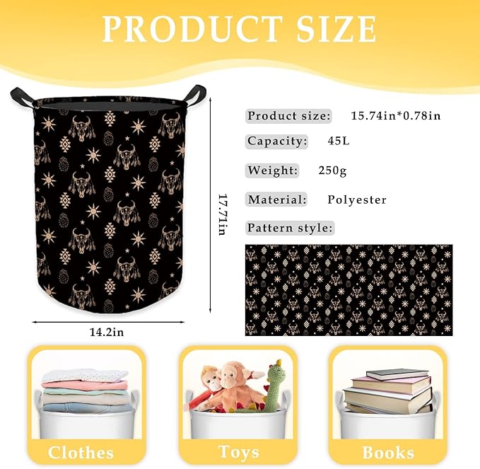 HKTZM Western Aztec Bull Skull Laundry Basket, Toybox for Boys Girls Room, Western Laundry Basket Hamper Waterproof Collapsible Clothes Toys Storage Bin Organizer for Bedroom Bathroom Kids Room Dorm