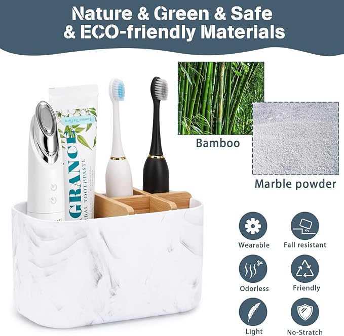 GFWARE Toothbrush Holders for Bathrooms, 5 Slots Bamboo Toothbrush Holder Kids Electric Toothbrush Holder and Toothpaste Holder for Bathroom Countertop Accessories Storage, Marble Toothbrush Organizer