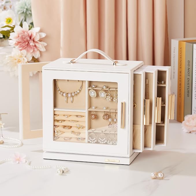 Homde Jewelry Box for Women Large: Rotating Organizer for Ring Earring Necklace Bracelet - 7 Drawers Storage for Dresser (White)