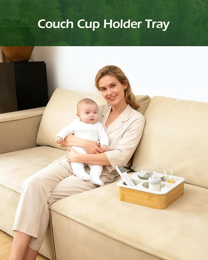 Couch Cup Holder Tray, Bamboo Couch Caddy with Rotatable Phone Holder for Bed Organizer, Waterproof Anti-spill Sofa Cup Holder for Snacks Beverage Remote White