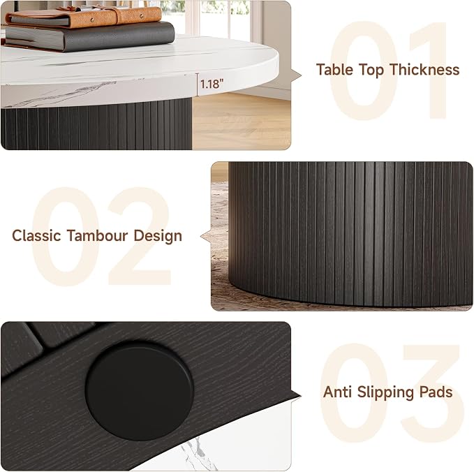 ONBRILL 31.5" Round Coffee Table, Tambour Design Coffee Tables for Living Room, Mid Century Modern Wood Coffee Table, Drum Accent Small Center Table, Marble Texture