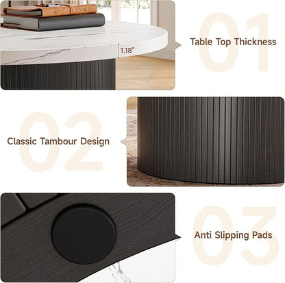ONBRILL 31.5" Round Coffee Table, Tambour Design Coffee Tables for Living Room, Mid Century Modern Wood Coffee Table, Drum Accent Small Center Table, Marble Texture