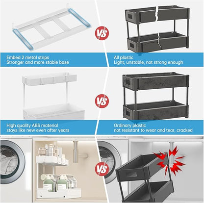 NATURE'S SOURCE 2-Tier Under Sink Organizers and Storage 2 Pack Sliding L-shape Under Cabinet Organizers For Narrow Space Multi-purpose Sink Organizer for Bathroom Kitchen Drawer(White 2 Pack)