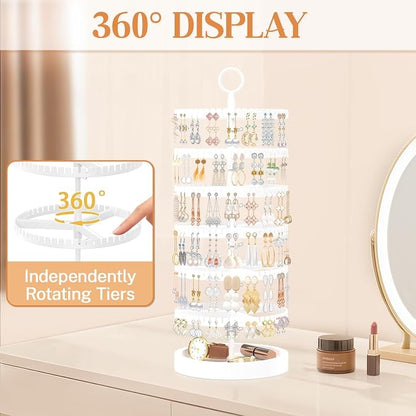 iDavosic.ly 6 Tier Rotating Earring Holder Organizer with Wooden Tray, Large Dangle Display Stands Tree with 342 Plastic Grooves, Adjustable Hoop Storage Rack, Space Saving Tower, White