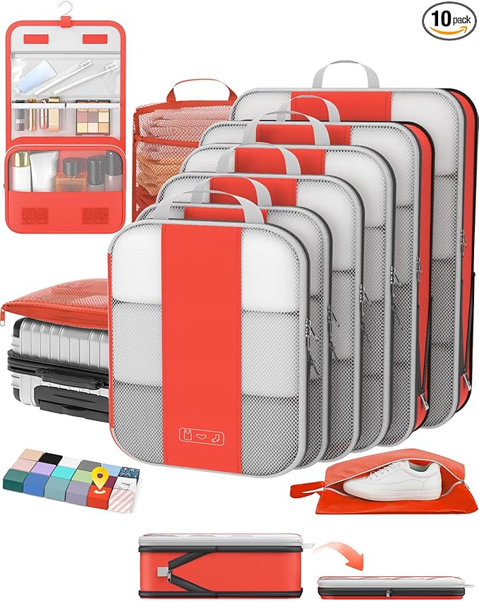 OlarHike 10-Pack Compression Packing Cubes for Travel Essentials,Compressible Expandable Packing Cubes for Suitcase,Luggage Garment Bags for Travel,Handy Helper for Organizing Clothes(Orange)