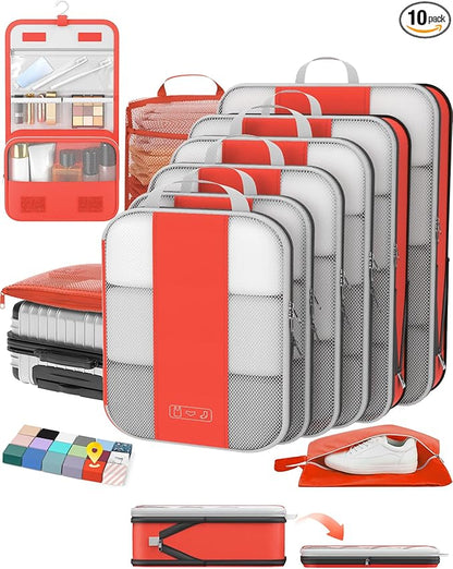 OlarHike 10-Pack Compression Packing Cubes for Travel Essentials,Compressible Expandable Packing Cubes for Suitcase,Luggage Garment Bags for Travel,Handy Helper for Organizing Clothes(Orange)