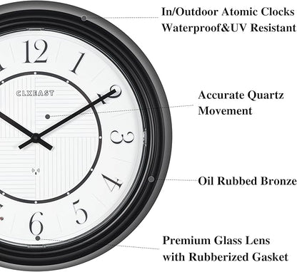 CLXEAST 14 Inch LED Illuminated Indoor Outdoor Atomic Analog Wall Clock Battery Operated, Glow in The Dark Wall Clock for Living Room, Home Office,Bathroom,Kitchen,Oil Rubbed Bronze Black Finish