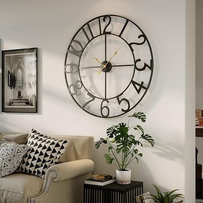 Cuspin 36 Inch Wall Clock, Large Wall Clock Decorative for Living Room, Arabic Numerals Non Ticking Battery-Operated Metal Round Modern Black Wall Clocks for Kitchen, Bedroom, Dining Room, Office