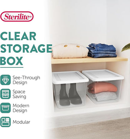 Sterilite 24 Pack Storage Box, 20 Quart Stackable Tote, Clear Plastic Container with Secure Snapping Lids for Home and Office Organization, White