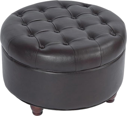Homepop Home Decor | Button Tufted Faux Leather Round Storage Ottoman | Ottoman with Storage for Living Room & Bedroom (Distressed Brown)