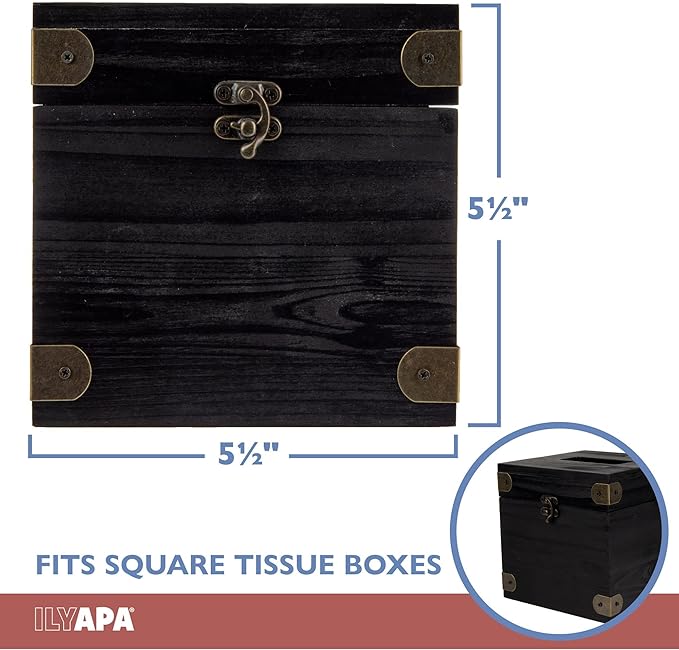 Ilyapa 5 x 6 Rustic Tissue Box Holder - Hinged Lid Tissue Dispenser for Bathroom Living Room Bedroom - Black Weathered Wood