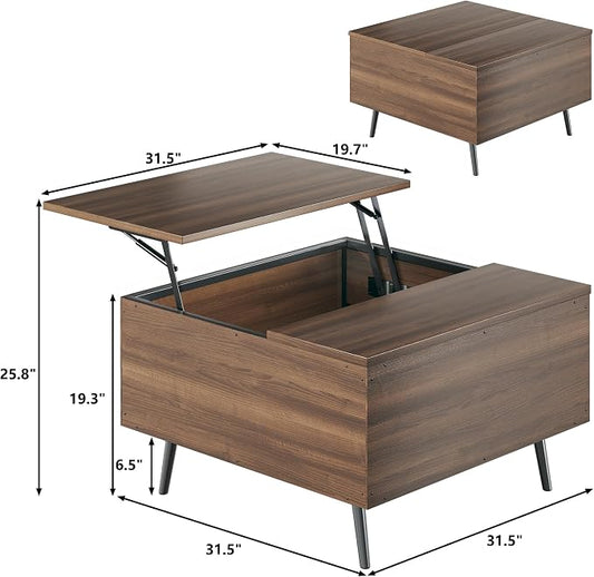 HUAHUU Lift Top Coffee Table, 31.5" Square Coffee Tables with Storage, Coffee Tables with Large Hidden Compartment, Center Table with Lifting Tabletop, Coffee Table for Living Room, Walnut