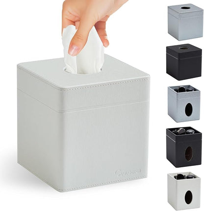 Cloudever Tissue Box Holder Cover, Modern PU Leather Square Decorative Tissue Holder Organizer-Woven New Off White