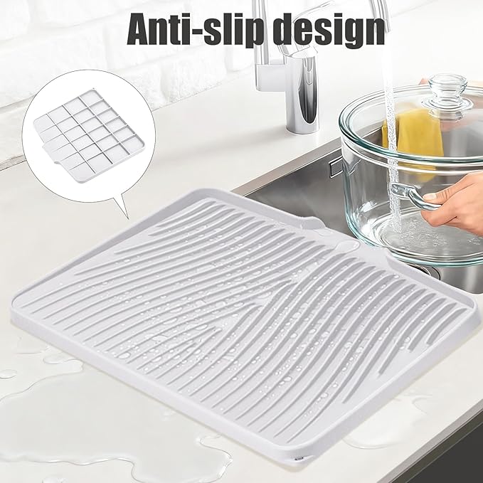 TIKNIK Silicone Dish Drying Mat for Kitchen Counter - Heat Resistant & Non-Slip Dish Drain Pad with Built-In Drain, Dishwasher Safe, Quick-Dry, Hangable & Roll-Up for Storage, White-1pcs, 16" x 12"