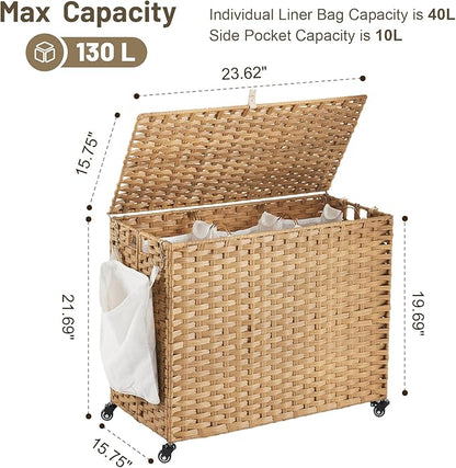 Laundry Hamper with Wheels, 34.3 Gallon(130L) Rolling Laundry Basket with Lid, 3-Section Rattan Clothes Hamper with 3 Removable Liner & 3 Mesh Bags, Laundry Sorter with Side Pocket, Natural