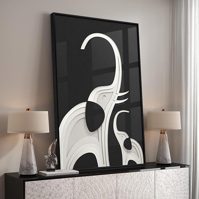 Framed Black and White Wall Art, Large Modern Animal Elephant Prints Paintings Artwork for Walls, Contemporary Minimalist Pictures for Living Room Dining Bedroom Office Hallway Home Decor 24x36 In