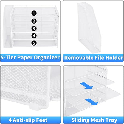 OPNICE Desk Organizer, 5-Tier Paper Organizer Letter Tray with Magazine Holder, Office Desk Accessories & Workspace Organizers, Desktop File Organizer for Office Supplies Storage, White