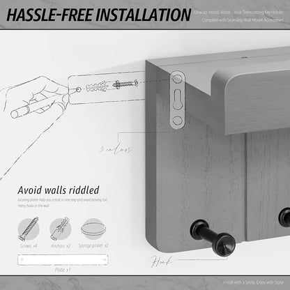 Rebee Vision Small Key Holder Wall Mount - Decorative Key and Mail Holder for Wall with Shelf and 4 Hooks for Aesthetic Room Decor - Modern Apartment Essentials for Home Decor (Light Gray)