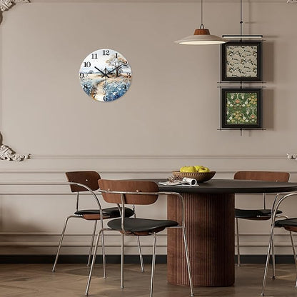 XNM Round Kitchen Wall Clocks Battery Operated 10 Inch Rustic Wall Clock Blue Flower Silent Wall Clock Wood(No Solid Wood, It is with MDF Material)