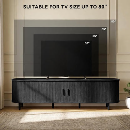 70" Mid Century Modern TV Stand with Power Outlet, Fluted Entertainment Center with Storage and Adjustable Shelves, Wood TV Console with Sliding Doors for Living Room, Black