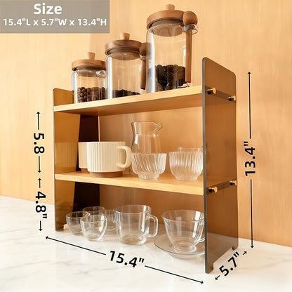 Coffee Station Organizer 2 Tier, Solid Wood Mug Shelffor Coffee Bar,Matcha Station,Tea Storage - Holds Mugs,Beans,Syrup,Cups,Tirrers (Yellowish-Brown, 15.4" L x 5.7" W x 13.4" H)