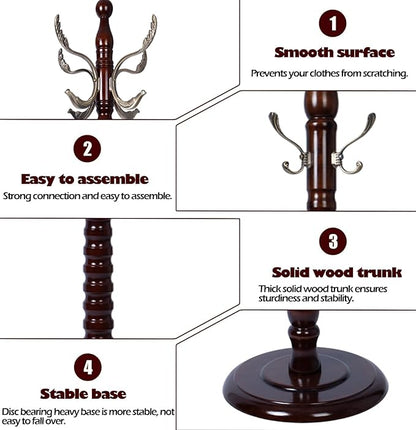 Coat Racks Free Standing with 14 Hooks, Natural Wood Coat Stands for Entryway, Adjustable Height 73 in Tree Coat Rack Stand for Hallway Home Office Bedroom (Mahogany metal)