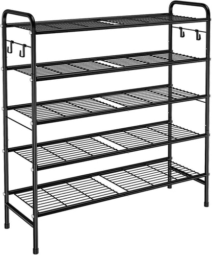 5 Tier Shoe Rack 33" Wide Metal Shoe Organizer Long Shoe Storage with 4 Side Hooks Sturdy Shoes Shelf for Closet, Front Door Entrance, Garage, Dorm, Black