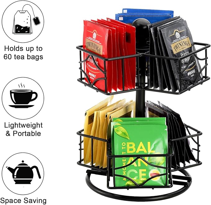 Frcctre Tea Bag Organizer, 360 Degree Tea Bag Spining Carousel Organizer with 6 Compartments, Lazy Susan Sugar Coffee Creamer Caddy for Kitchen Counter Cabinet Organizer, Up to 60 Tea Bags Storage