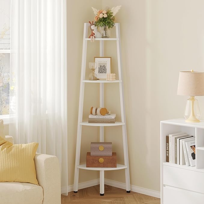 Hoctieon Corner Shelf, 4-Tier Corner Bookshelf, Rustic Corner Ladder Shelf, Industrial Display Shelf for Living Room, Kitchen, Home Office, Balcony, Small Space, Metal Frame, White