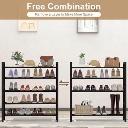 Haddockway Bamboo Shoe Rack for Closet, Free Standing Shoe Organizer with Smooth Round Rods & Convenient Handles, Stackable Shoe Storage Shelf for Entryway, Hallway(Black, 5-Tier)