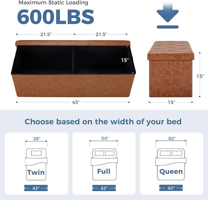 DUMOS Foldable Storage Ottoman Bench 43in, Foot Rest Stool, Synthetic Leather Storage Chest with Thicker Foam Padded Seat for Entryway Living Room, Modern Brown