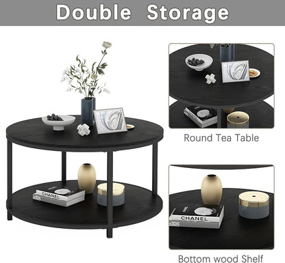 NSdirect Round Coffee Table, 27.6" Small Coffee Table for Living Room,2-Tier Rustic Wood Desktop with Storage Shelf Modern Design Home Furniture(Black)