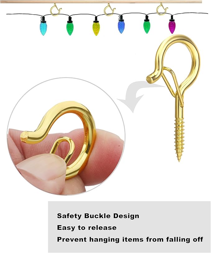 PlusRoc 20 Pack Screw Hooks for Hanging Christmas Lights Outdoor Seasonal Lighting, Heavy Duty 2.2 Inch Eye Hook Screw Cup Ceiling Hook Q-Hanger for Patio Lights, Wall Wood Ceiling Deck Mount(Gold)