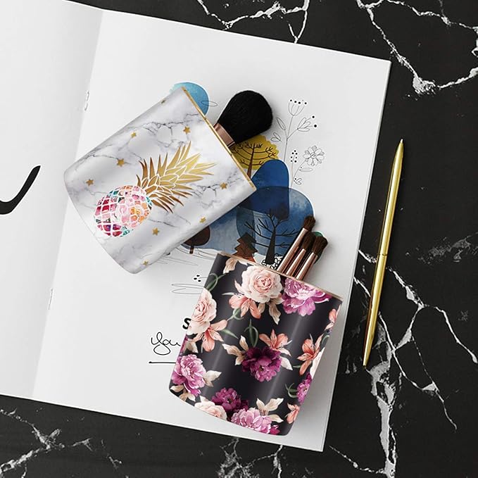 WAVEYU Pen Holder, Pencil Holder for Desk, Cute Makeup Brush Holder Marble Pineapple Pattern Pencil Cup for Girls Kids Durable Ceramic Desk Organizer Pineapple Decor for Office, Classroom