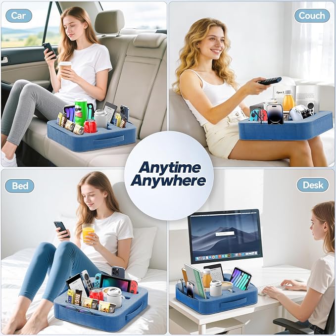 Couch Cup Holder Tray, Couch Caddy for Drink, Snack, Phone, Remote, Ipad, Game Controller, Large-size Sofa Cup Holder for Bed, Sofa, Car, Desk, Blue