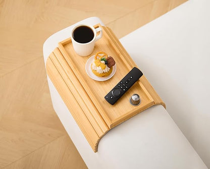 Bamboo Couch Arm Tray Table，Foldable Sofa Armrest Tray Table for Couch，Flexible and Anti-Slip Couch Arm Cup Holder，Portable Sofa Arm Chair Table for Drink,Cups, Eats，Snacks, Phone, Remote