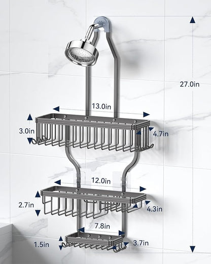 YASONIC Never Rust Shower Caddy Hanging, Aluminum Shower Racks for Inside Shower, 3-Tier Shower Organizer Hanging Over Shower Head with Hooks and Soap Holder, Grey