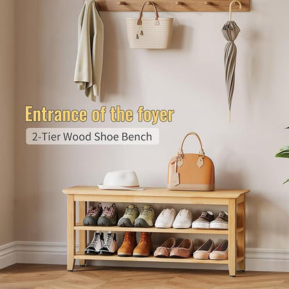 Wood Shoe Bench for Entryway,Bench with Shoe Rack,Storage Shoe Organizer for Hallway,Living Room,Bedroom (Natural, 39.37''W×11.81‘’D×17.71‘’H)