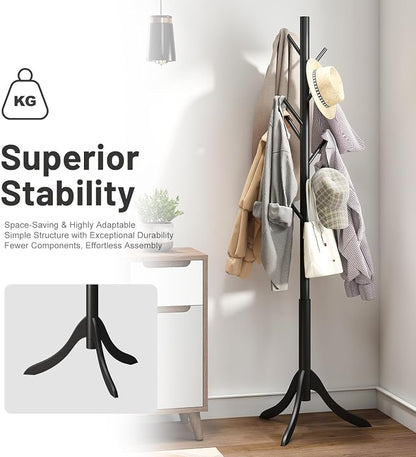 kiplant Black Coat Rack Stand, Bamboo Wood Freestanding Coat Tree with 8 Hooks, Hallway Entryway Hat Hanger Organizer Standing for Bedroom, Office, Clothes, Jackets, Bags, Umbrallas