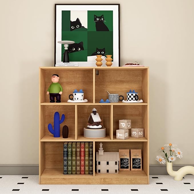 7-Cube Wooden Bookshelf with Base,3-Tier Freestanding Open Storage Organizer,Multi-Functional Bookcase for Living Room,Bedroom,Study and Office (Oak, 7-Cube)