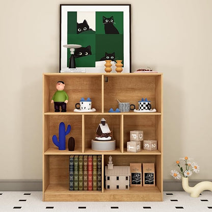7-Cube Wooden Bookshelf with Base,3-Tier Freestanding Open Storage Organizer,Multi-Functional Bookcase for Living Room,Bedroom,Study and Office (Oak, 7-Cube)