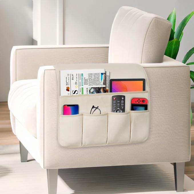 Remote Control Holder for Armchair，Couch Caddy Organizer TV Remote Holder for Bed Storage 5 Pockets，Remote Caddy Bedside Organizer Bedside Table Organizer (Beige, 35''x18'')