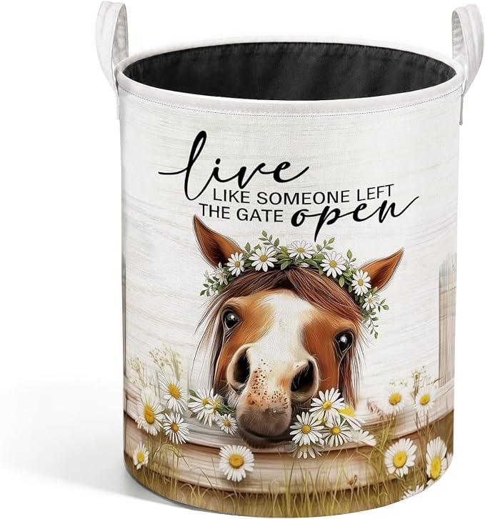 Farmhouse Daisy Floral Horse Laundry Basket, Horse Lovers Gifts Laundry Hamper Waterproof Collapsible Clothes Toys Storage Bin Organizer for Girls Room Bedroom Bathroom Home