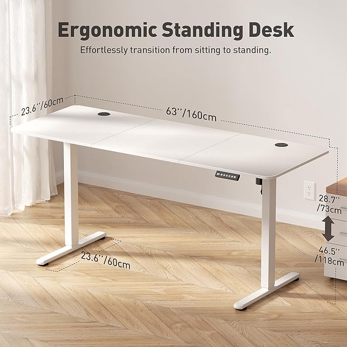 63" Electric Standing Desk Adjustable Height, Ergonomic Sit Stand Computer Desk for Home Office, Sturdy Motorized Workstation with Memory Controller & Timer, White