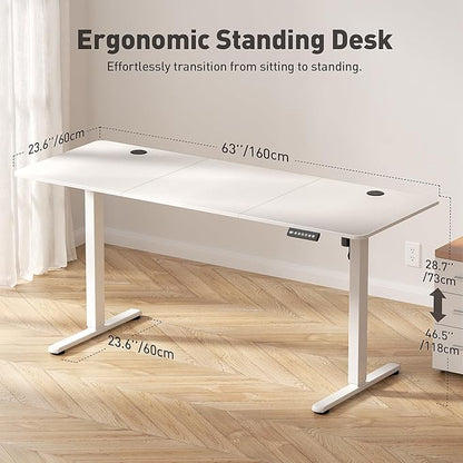 63" Electric Standing Desk Adjustable Height, Ergonomic Sit Stand Computer Desk for Home Office, Sturdy Motorized Workstation with Memory Controller & Timer, White