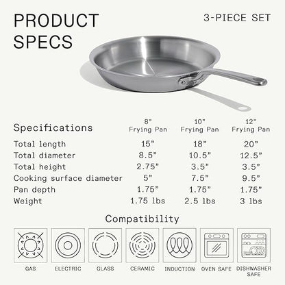 Made In Cookware - 3-Piece (Includes 8",10",12") Stainless Frying Pan Set - 5 Ply Stainless Clad - Professional Cookware - Crafted in Italy - Induction Compatible